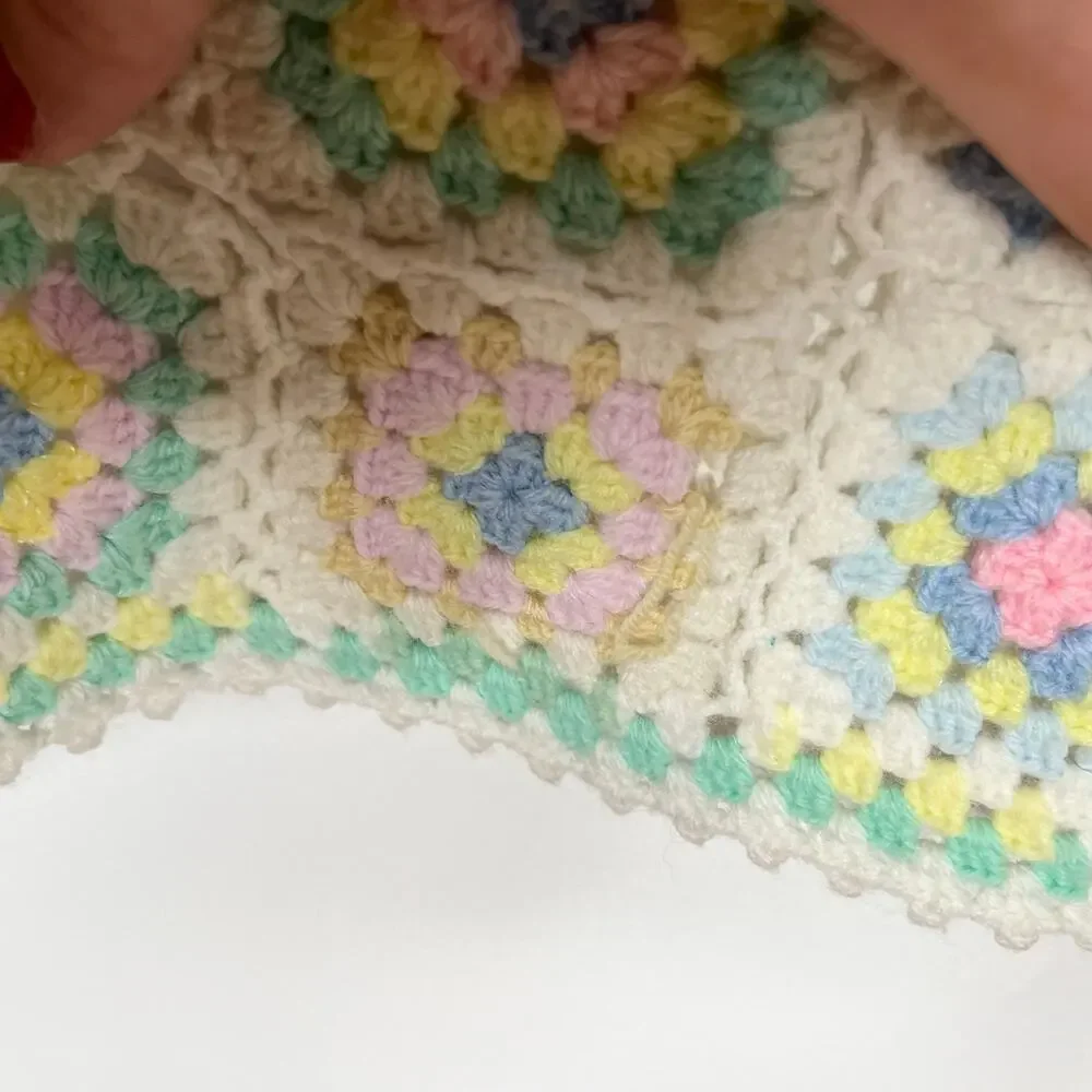 Handmade Crochet Granny Square Baby Blanket Small Ivory Pastel Colorful Knit